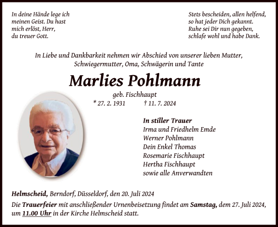 Traueranzeige von Marlies Pohlmann von WLZ