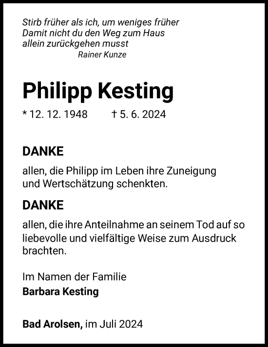 Traueranzeige von Philipp Kesting von WLZ