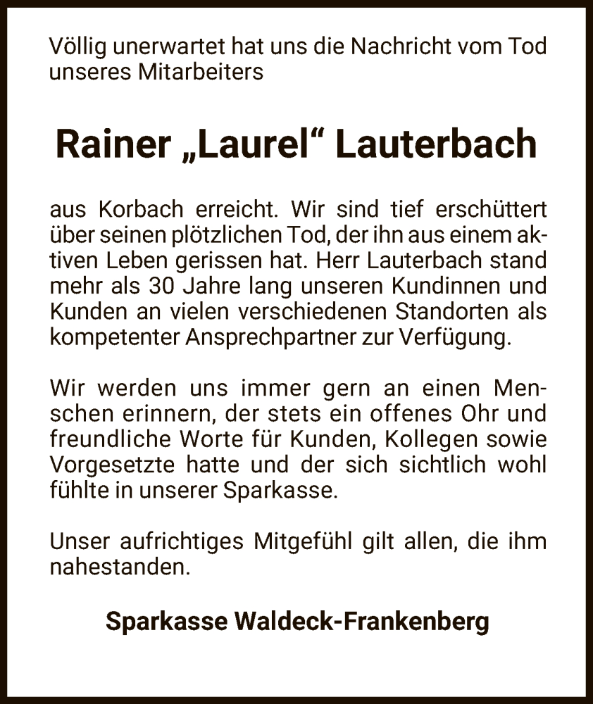  Traueranzeige für Rainer Lauterbach vom 20.07.2024 aus WLZ