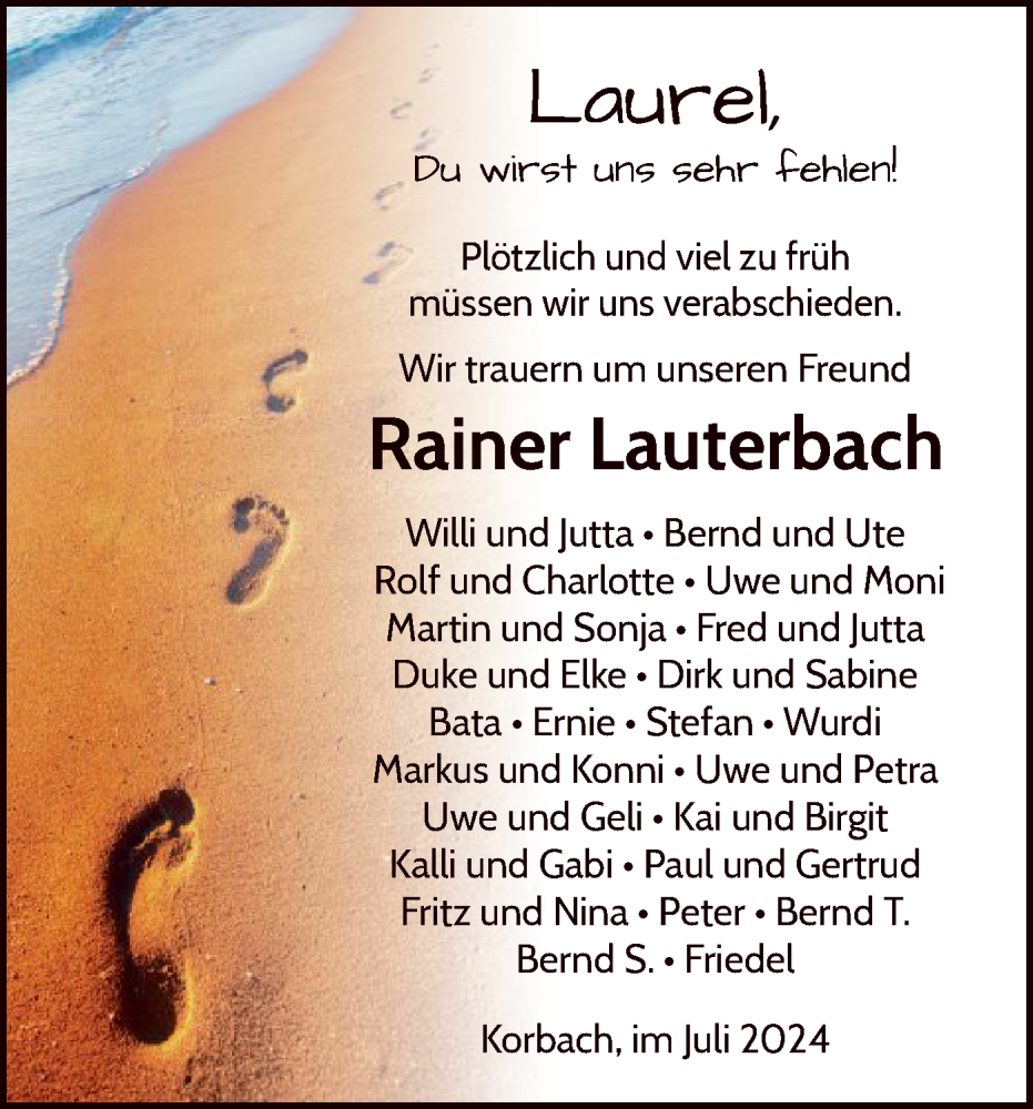  Traueranzeige für Rainer Lauterbach vom 20.07.2024 aus WLZ