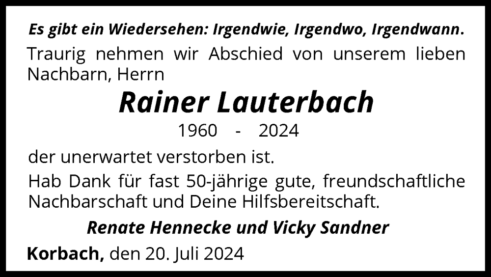  Traueranzeige für Rainer Lauterbach vom 20.07.2024 aus WLZ