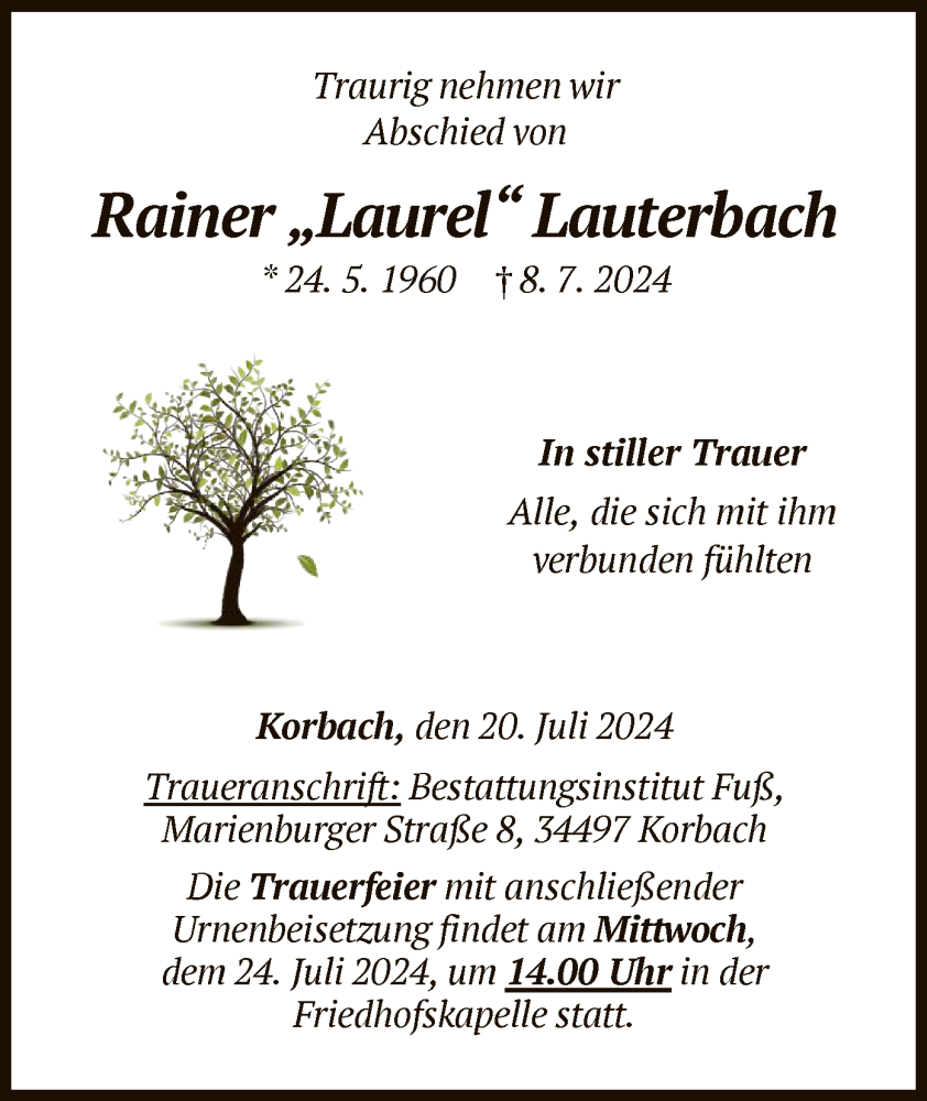  Traueranzeige für Rainer Lauterbach vom 20.07.2024 aus WLZ