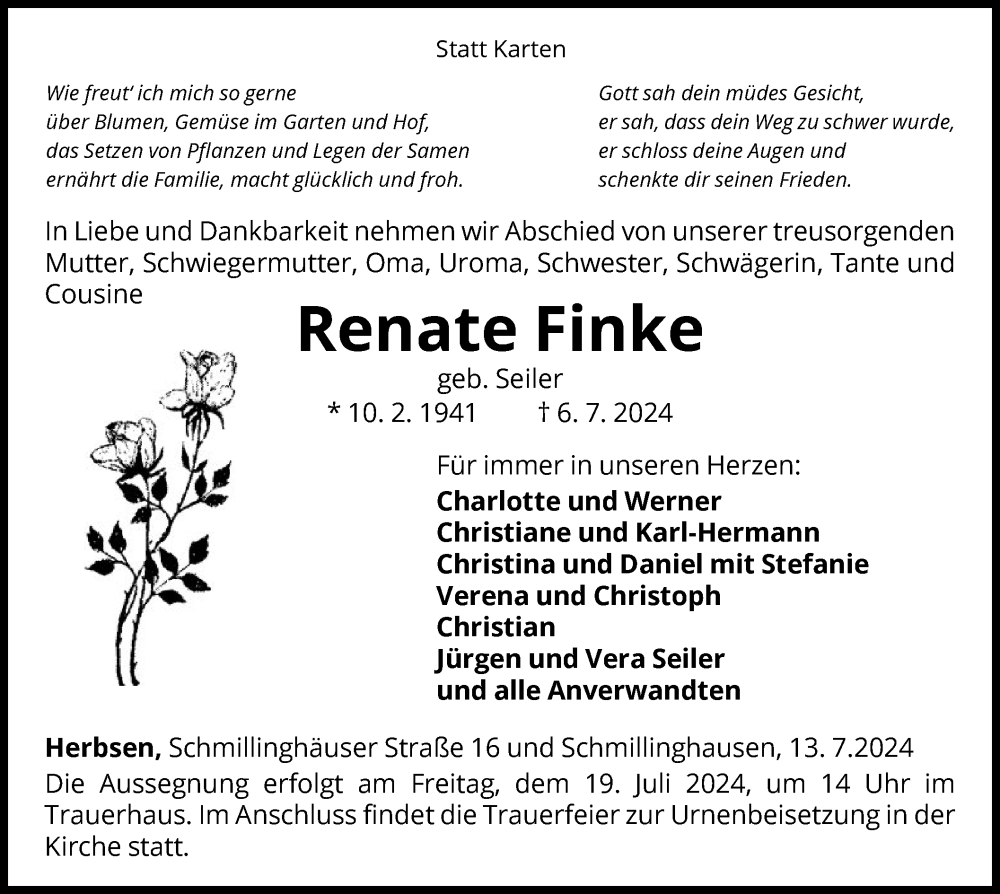  Traueranzeige für Renate Finke vom 13.07.2024 aus WLZ