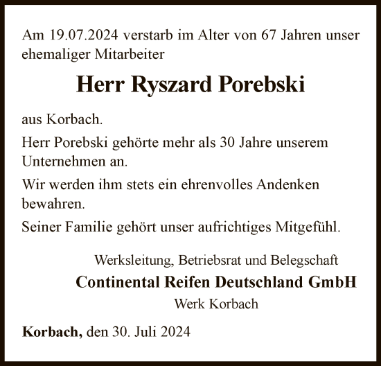 Traueranzeige von Ryszard Porebski von WLZ