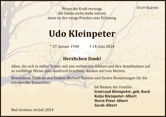 Traueranzeige von Udo Kleinpeter von WLZ