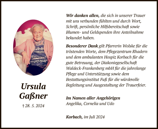 Traueranzeige von Ursula Gaßner von WLZ