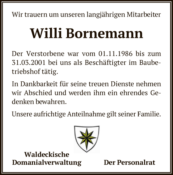 Traueranzeige von Willi Bornemann von WLZ