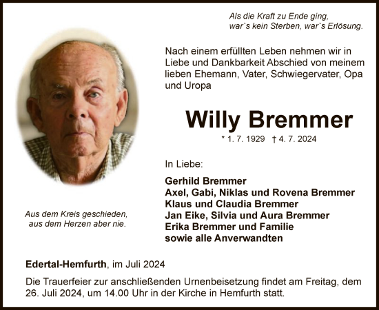 Traueranzeige von Willy Bremmer von WLZ