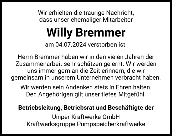Traueranzeige von Willy Bremmer von WLZ