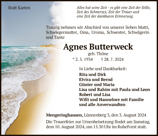 Traueranzeige von Agnes Butterweck von WLZ