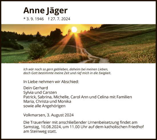 Traueranzeige von Anne Jäger von WLZ