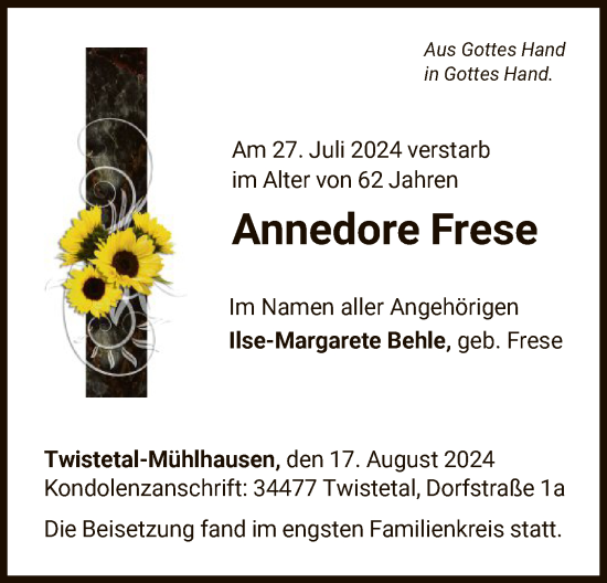 Traueranzeige von Annedore Frese von WLZ