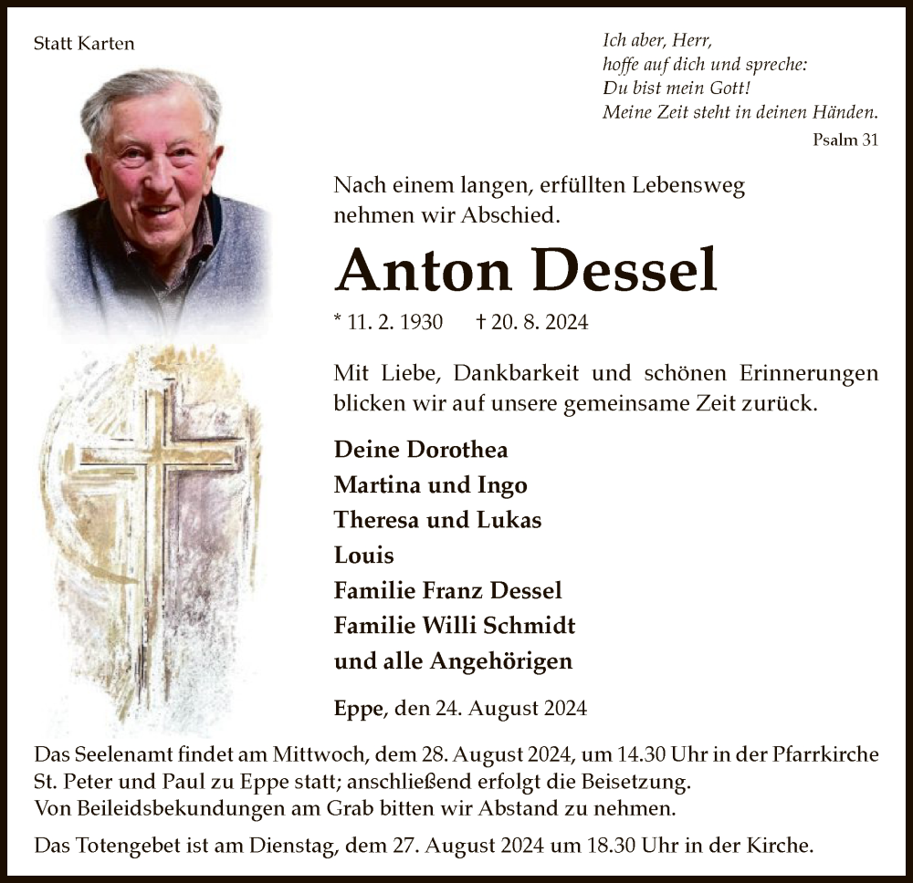  Traueranzeige für Anton Dessel vom 24.08.2024 aus WLZ