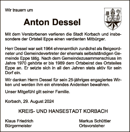 Traueranzeige von Anton Dessel von WLZ