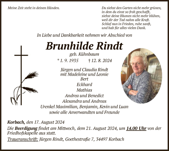 Traueranzeige von Brunhilde Rindt von WLZ