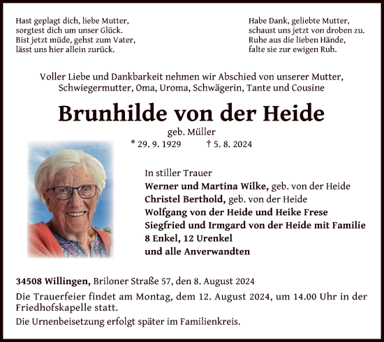 Traueranzeige von Brunhilde von der Heide von WLZ