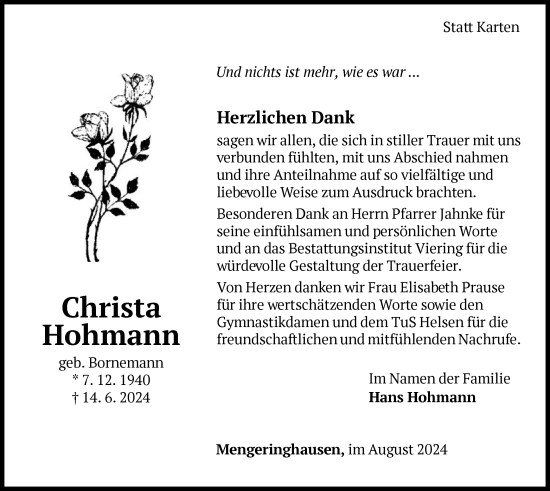 Traueranzeige von Christa Hohmann von WLZ