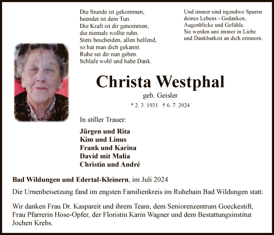 Traueranzeige von Christa Westphal von WLZ