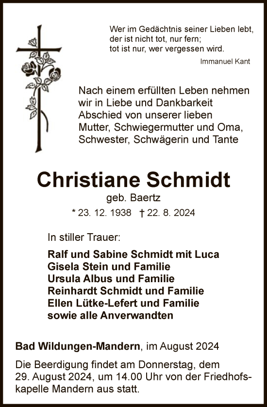 Traueranzeige von Christiane Schmidt von WLZ