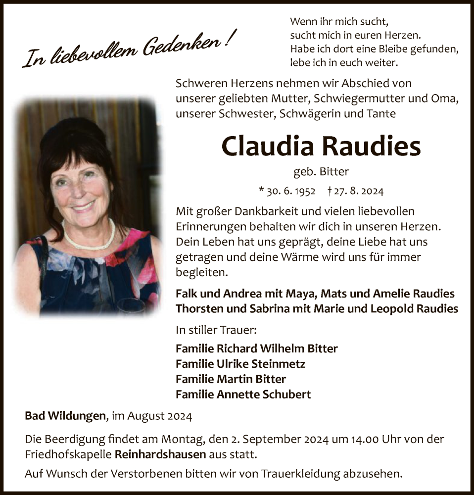  Traueranzeige für Claudia Raudies vom 31.08.2024 aus WLZ