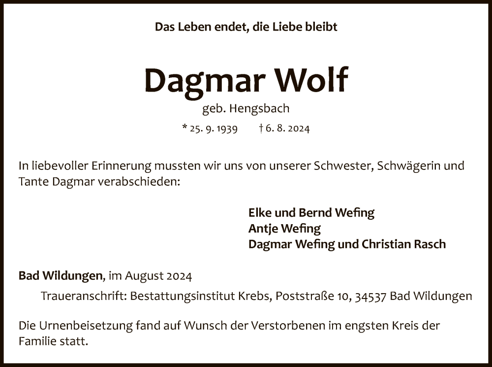  Traueranzeige für Dagmar Wolf vom 24.08.2024 aus WLZ