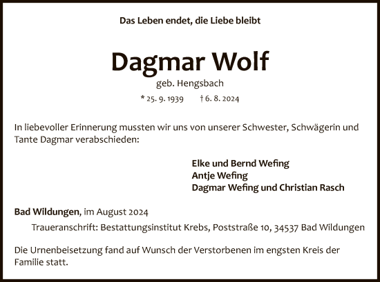 Traueranzeige von Dagmar Wolf von WLZ