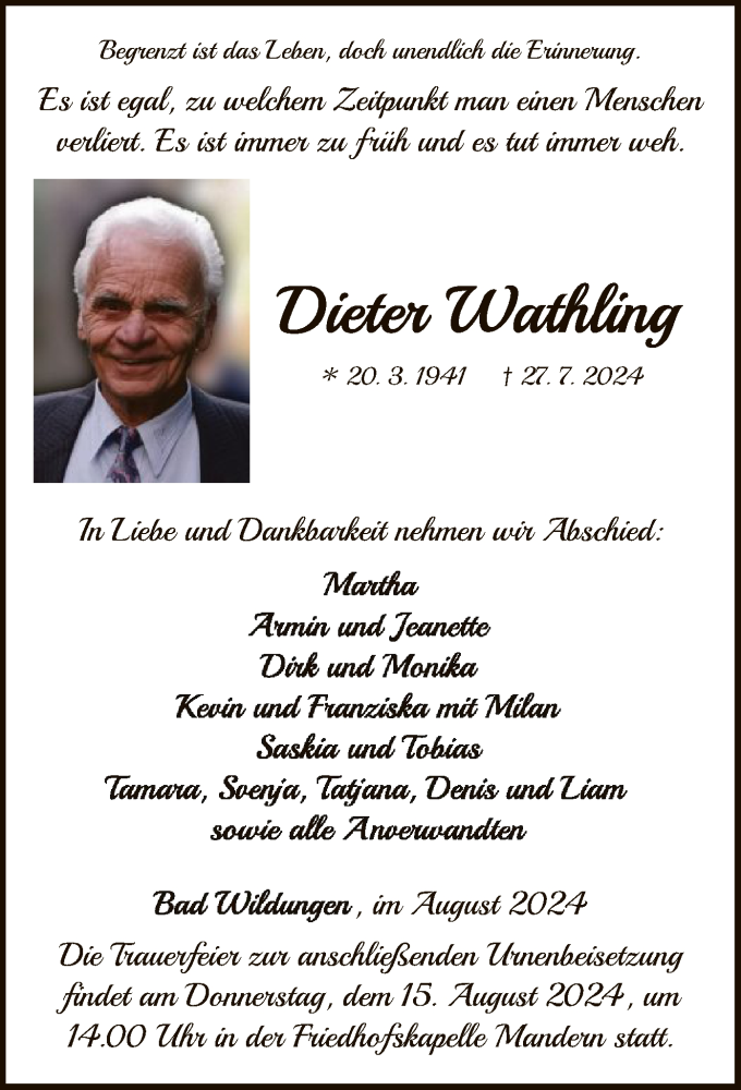  Traueranzeige für Dieter Wathling vom 10.08.2024 aus HNAWLZ