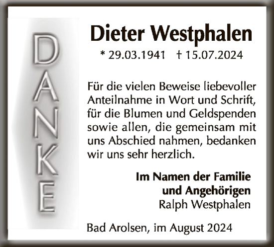 Traueranzeige von Dieter Westphalen von WLZ