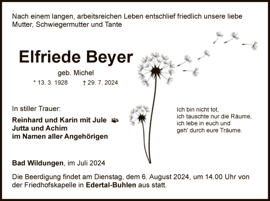 Traueranzeige von Elfriede Beyer von WLZ