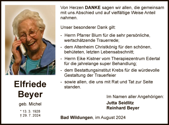 Traueranzeige von Elfriede Beyer von WLZ