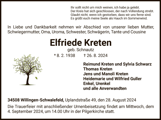 Traueranzeige von Elfriede Kreten von WLZ