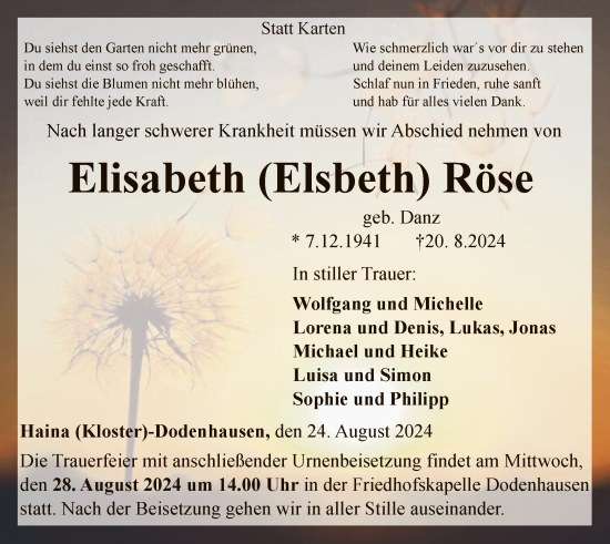 Traueranzeige von Elisabeth  Röse von WLZHNA