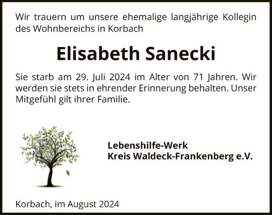 Traueranzeige von Elisabeth Sanecki von WLZ