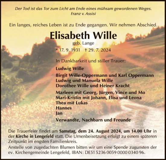 Traueranzeige von Elisabeth Wille von WLZ