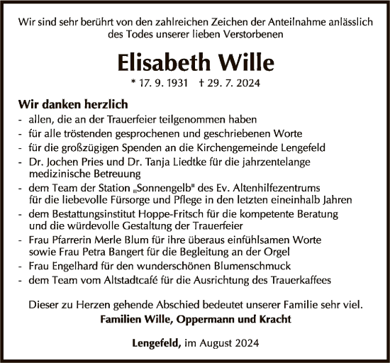 Traueranzeige von Elisabeth Wille von WLZ