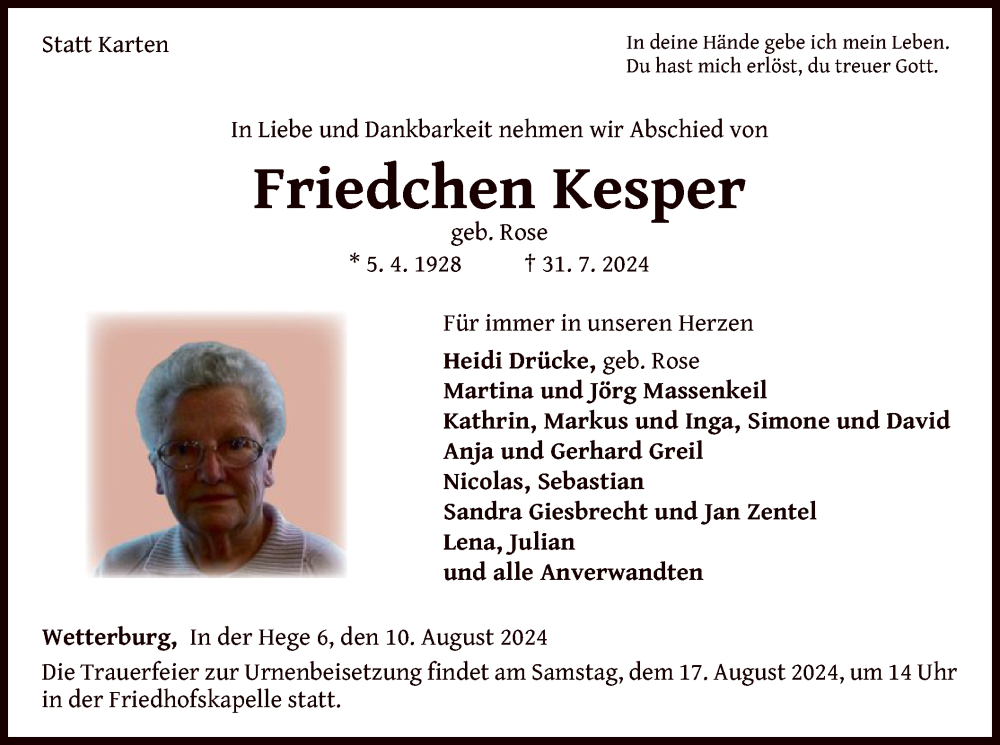  Traueranzeige für Friedchen Kesper vom 10.08.2024 aus WLZ