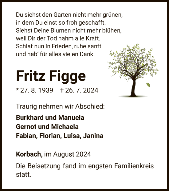 Traueranzeige von Fritz Figge von WLZ