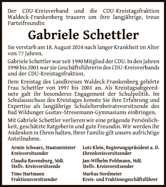 Traueranzeige von Gabriele Schettler von WLZHNA