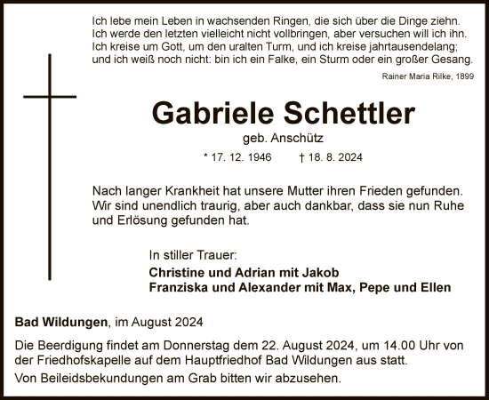 Traueranzeige von Gabriele Schettler von WLZ