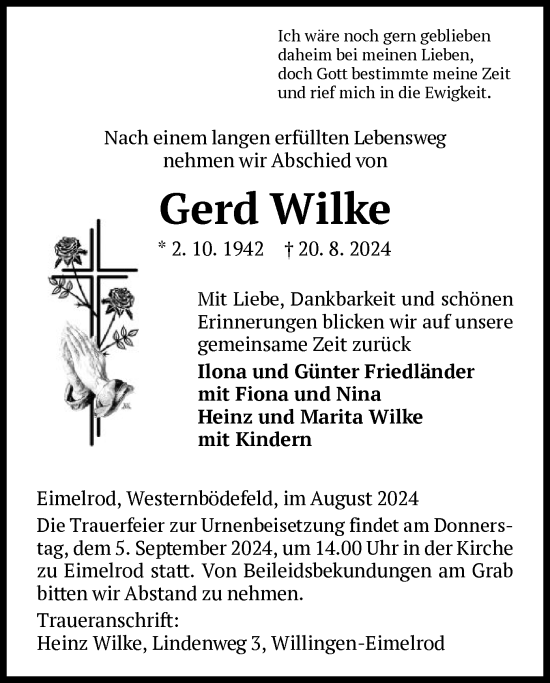 Traueranzeige von Gerd Wilke von WLZ