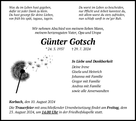 Traueranzeige von Günter Gotsch von WLZ
