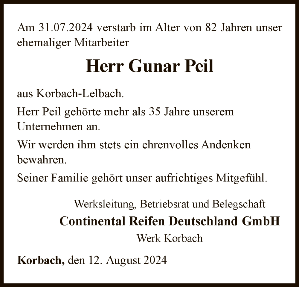  Traueranzeige für Gunar Peil vom 14.08.2024 aus WLZ