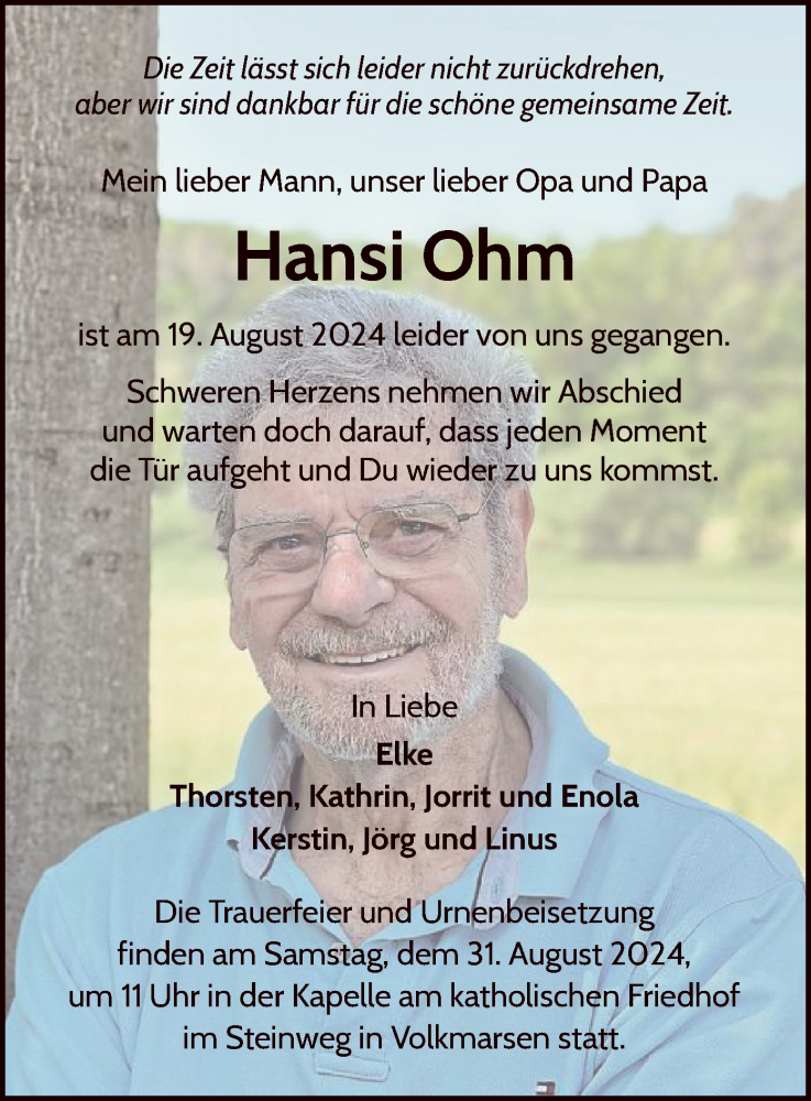  Traueranzeige für Hansi Ohm vom 24.08.2024 aus WLZ