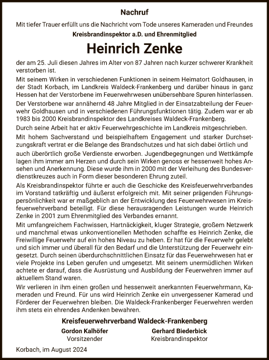 Traueranzeige von Heinrich Zenke von WLZHNA