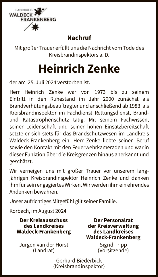 Traueranzeige von Heinrich Zenke von WLZHNA