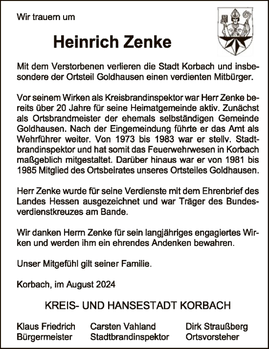 Traueranzeige von Heinrich Zenke von WLZ