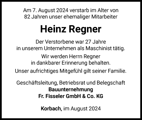 Traueranzeige von Heinz Regner von WLZ