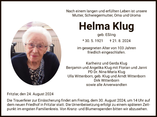 Traueranzeige von Helma Klug von HNAWLZ