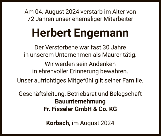 Traueranzeige von Herbert Engemann von WLZ