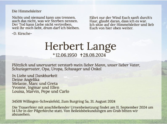 Traueranzeige von Herbert Lange von WLZ